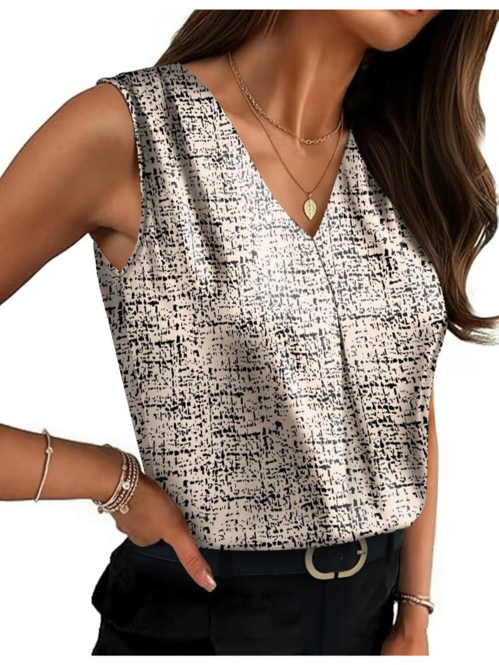 Women's Black Dot Sleeveless V Neck Silk Satin Blouses Loose Fit Casual Tank Top